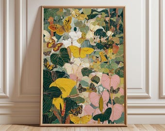 Butterfly Jungle Art Print, Tropical Botanical Wall Poster, Colorful Nature Illustration, Vibrant Home Decor