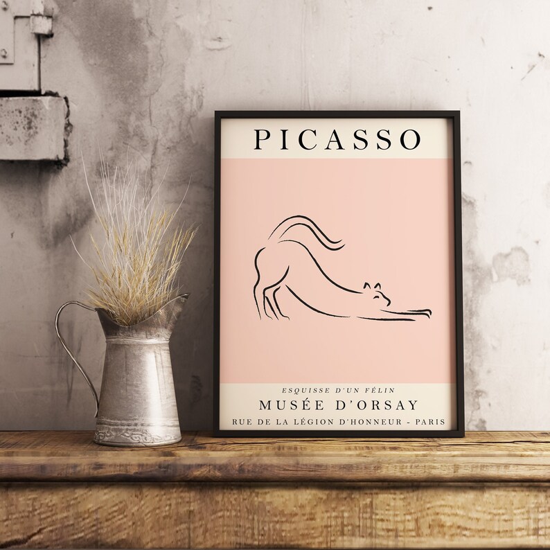 May include: A black framed poster with a pink background featuring a line drawing of a cat stretching. The poster has the text "PICASSO" at the top and "ESQUISSE D'UN FELIN MUS&Eacute;E D'ORSAY RUE DE LA L&Eacute;GION D'HONNEUR - PARIS" at the bottom.