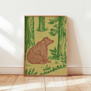Bear Forest Wall Art, Vintage Wildlife Poster, Rustic Cabin Print, Woodland Animal Decor, Outdoor Brown Bear Artwork, Wilderness Lodge Style