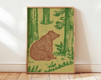 Muurkunst berenbos, vintage wildlife poster, rustieke hut print, bosrijke dieren decor, buitenkunst bruine beer, wildernis lodge stijl