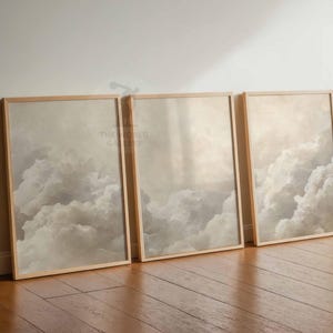 Beige Clouds Bedroom Wall Art Set of 3 Prints, White Clouds Beige Sky Posters, Vintage Home Decor, Set of 3 Large Poster Art, Bedroom Decor