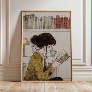 Buchliebhaber Wand Kunst | Gemütliches Leseposter | Mädchen mit Buch Aquarell Druck | Bibliothek Dekor | Literarische Kunst für Zuhause
