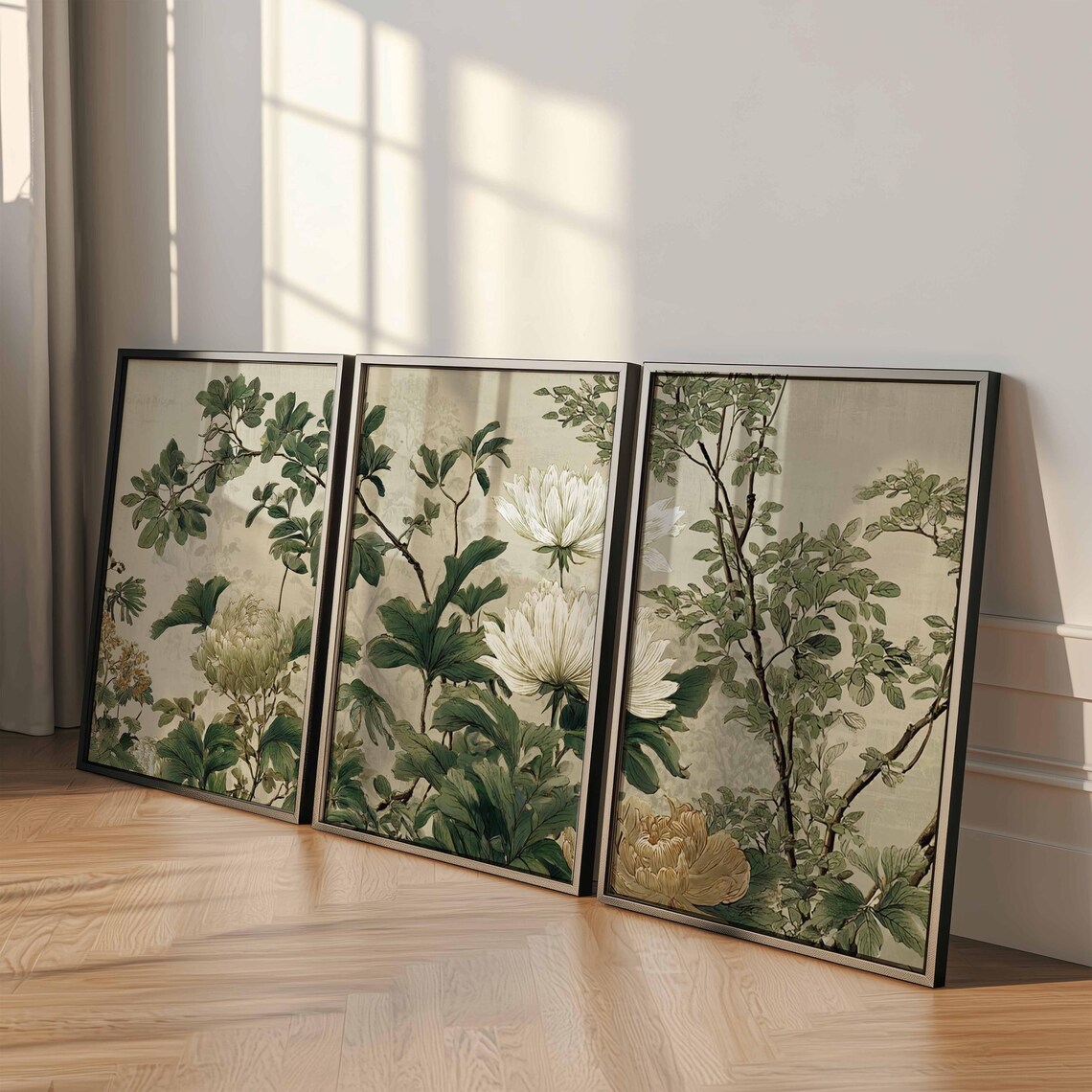 Vintage Botanical Wall Art Prints Set of 3, Green and Beige Floral ...