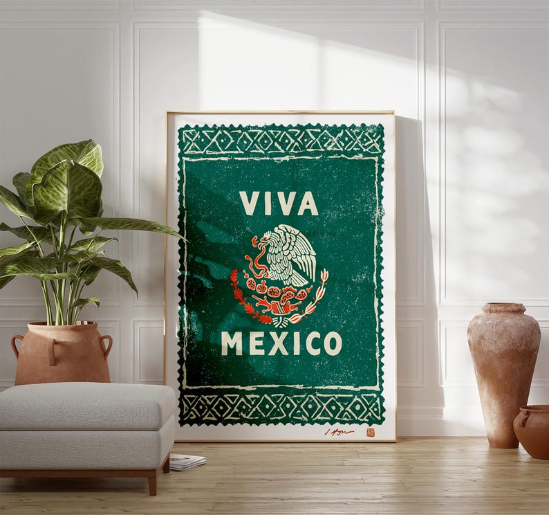 May include: A framed poster with a green background and the words "VIVA MEXICO" in white. The Mexican coat of arms is in the center. The poster has a distressed, vintage look, with a decorative border.