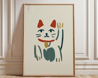 May include: A framed print featuring a stylized illustration of a Maneki-neko, or Japanese lucky cat. The cat is depicted with a raised paw, red ears, and a red collar with a gold bell. The artwork has a minimalist, hand-drawn aesthetic.