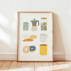 Coffee Lover Poster – Colorful Coffee Maker Wall Art Print, Barista Decor with Mugs & Espresso Machine, Cute Kitchen or Café Artwork