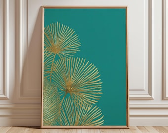 Estampado de hojas de palma doradas, arte mural botánico moderno en color verde azulado.