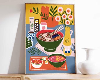 May include: A colorful illustration of a bowl of ramen with chopsticks, a vase of flowers, and other kitchen items. The illustration is in a modern style with bold colors and simple shapes.