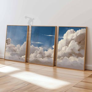 Juego de 3 impresiones de arte de pared con nubes para dormitorio, pósteres de nubes blancas y cielo beige, decoración vintage para el hogar, juego de 3 pósteres grandes, decoración de dormitorio