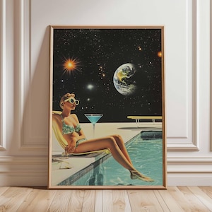 Póster retro de ciencia ficción, decoración cósmica surrealista de los años 70, póster espacial futurista, impresión de paisaje vintage, obra de arte espacial para dormitorio y sala de estar.
