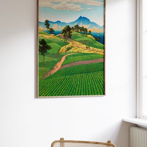 May include: A framed woodblock print of a Japanese landscape. The print depicts a winding road leading up a hillside with green fields and trees. In the distance, there are mountains and a body of water. The sky is blue with white clouds.