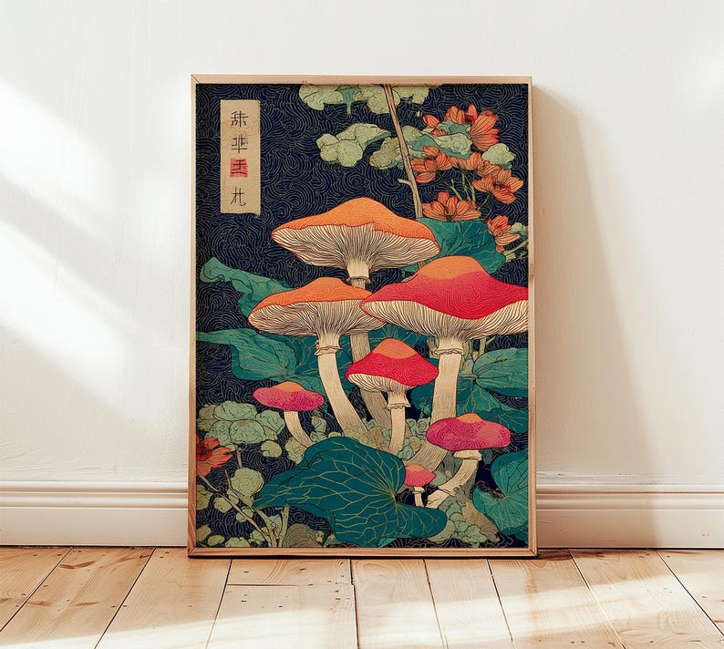 May include: A framed art print depicting a vibrant illustration of mushrooms. The mushrooms have orange and red caps with white stems, set against a dark blue backdrop with green foliage and orange flowers. The print includes Japanese text in the upper left corner.