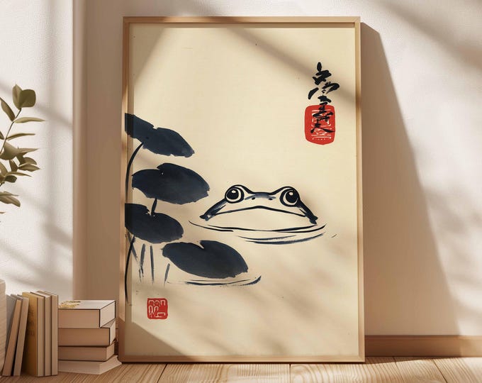 Japanese Frog Poster, Lotus Pond Wall Art, Vintage Ukiyo-e Frog Print, Zen Nature Illustration, Traditional Japanese Decor