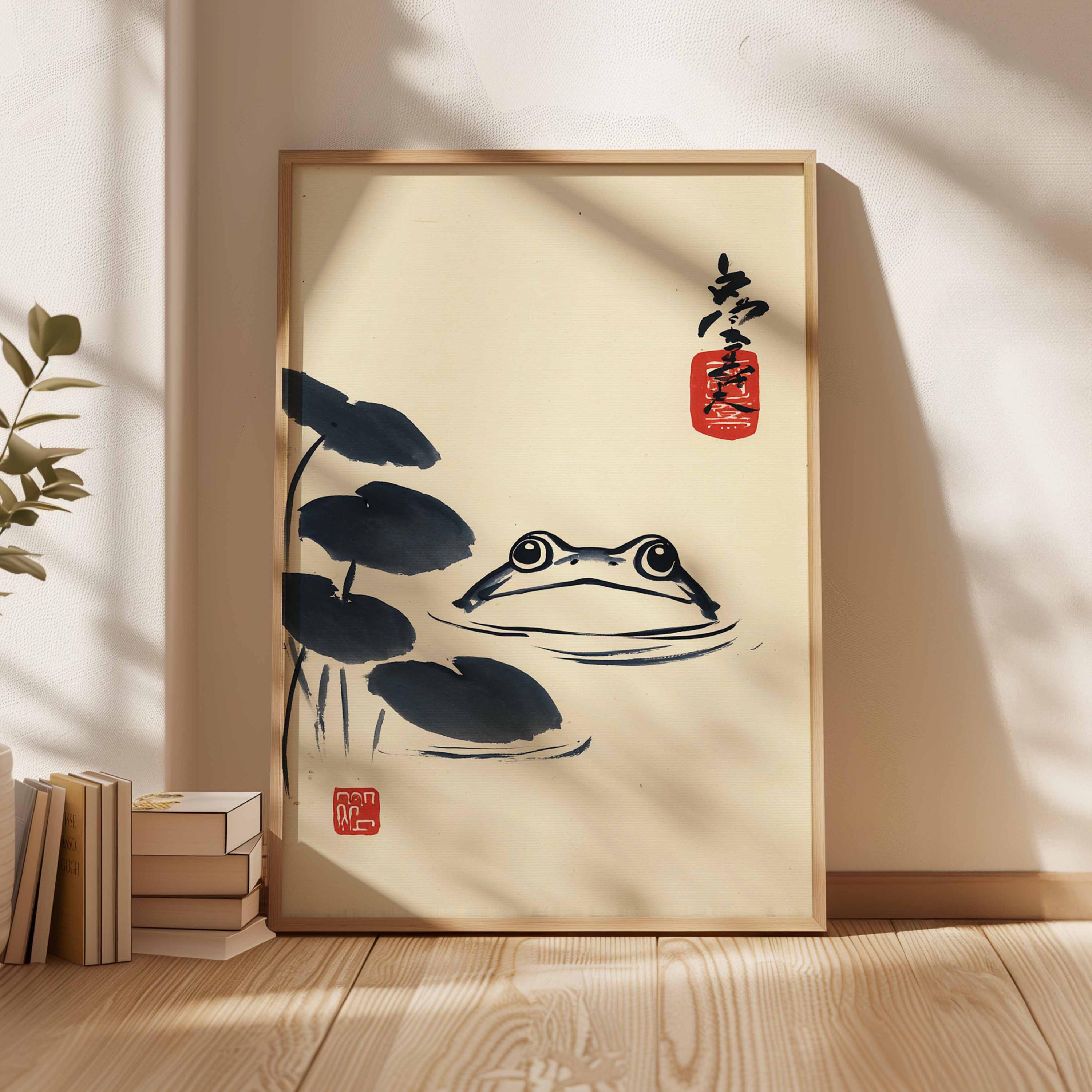 Japanese Frog Poster, Lotus Pond Wall Art, Vintage Ukiyo-e Frog