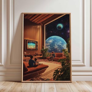 Póster retro de ciencia ficción, decoración cósmica surrealista de los años 70, póster espacial futurista, impresión de paisaje vintage, obra de arte espacial para dormitorio y sala de estar.