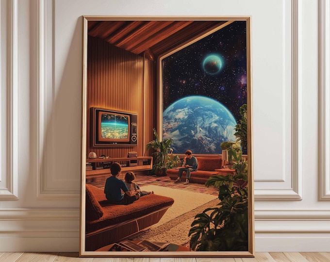 Retro Sci-Fi Poster, 70s Surreal Cosmic Decor, Futuristic Space Poster, Vintage Landscape Print, Space Artwork for Bedroom, Living Room
