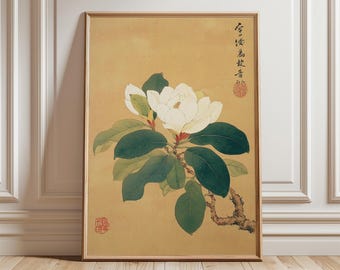 Vintage Japanese Magnolia Print, Botanical Wall Art, Zen Decor