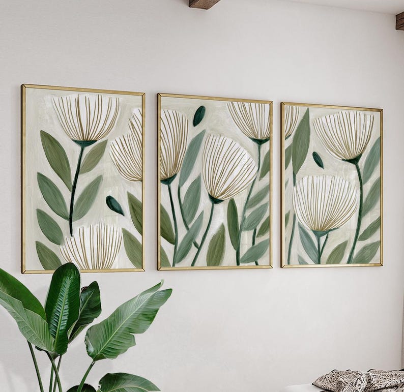 Green Botanical Wall Art Set | Minimalist Floral Triptych Posters ...