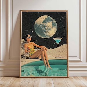 Póster retro de ciencia ficción, decoración cósmica surrealista de los años 70, póster espacial futurista, impresión de paisaje vintage, obra de arte espacial para dormitorio y sala de estar.