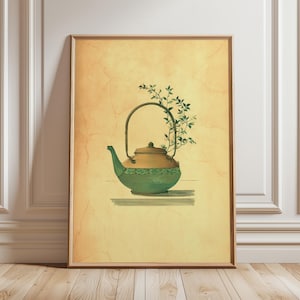 Japansk tekanna konsttryck, vintage orientalisk affisch, minimalistisk tekanna illustration, asiatisk stilleben väggkonst, zen köksdekor
