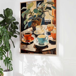May include: A painting of a still life featuring five colorful teacups and saucers on a table with a potted plant in the background.