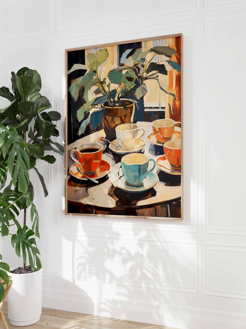 May include: A painting of a still life featuring five colorful teacups and saucers on a table with a potted plant in the background.