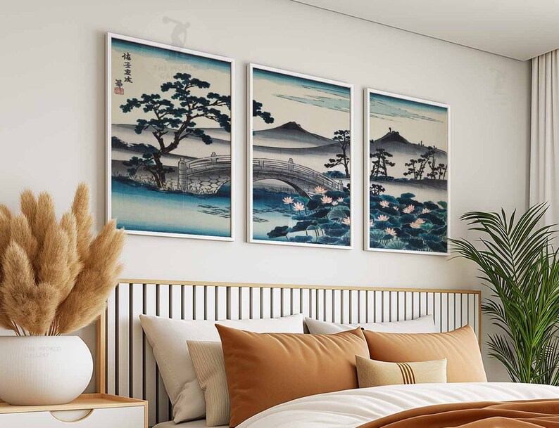 Set of 3 Japanese Floral Posters, Gold Japanese Prints, Botanical Wall