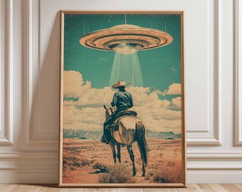 Retro Sci-Fi Cowboy Art Print, Vintage Western UFO Poster