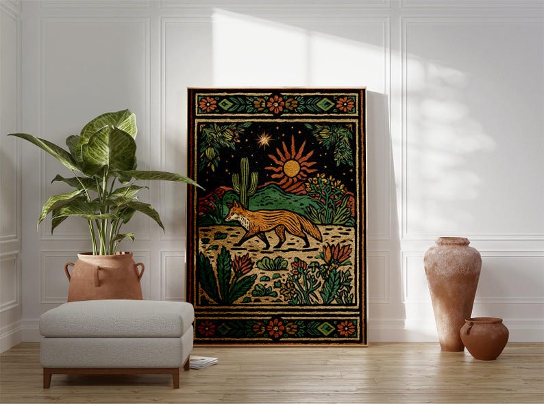 May include: A framed art print featuring a desert landscape with a fox, cactus, and sun. The artwork has a black background with orange, green, and yellow details. A large potted plant, a footstool, and two terracotta vases are in the foreground.