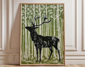 Green Woodland Deer | Black Stag Silhouette Forest Wall Art | Linocut Style