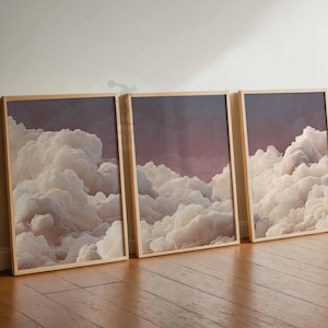 Juego de 3 impresiones de arte de pared con nubes para dormitorio, pósteres de nubes blancas y cielo beige, decoración vintage para el hogar, juego de 3 pósteres grandes, decoración de dormitorio
