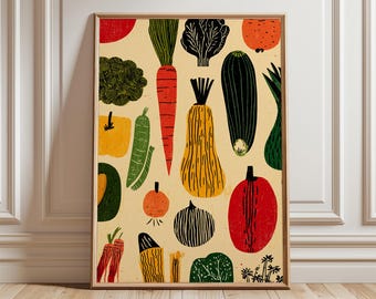 May include: A framed art print featuring a colorful, stylized illustration of various vegetables. The artwork includes carrots, squash, zucchini, and other produce in shades of red, orange, green, and yellow against a cream background. The print is in a wooden frame.