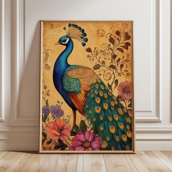Poster vintage con pavone, elegante stampa in stile dipinto ad olio floreale