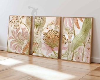 Vintage Botanical Wall Art Set of 3, Cottagecore Floral Prints, Wildflower Botanical Poster Trio, Soft Earthy Nature Art for Home Decor