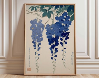 Japanische Glyzinien Kunstdruck, Indigo Blaues Floral Botanisches Poster