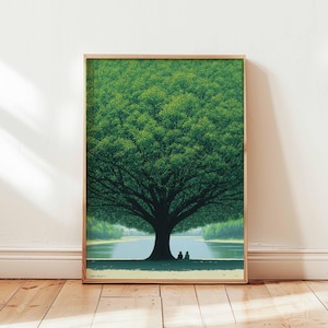 Póster de árbol verde gigante, impresión artística de pared de naturaleza pacífica, ilustración de paisaje sereno, decoración con escena de árbol relajante para dormitorio o sala de estar.
