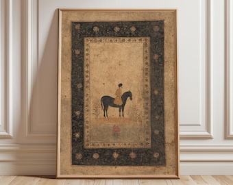 Indian Miniature Horse Rider Art Print, Mughal Heritage Wall Art, Vintage Floral Border Painting, Rajput Cultural Artwork, India Folk Poster