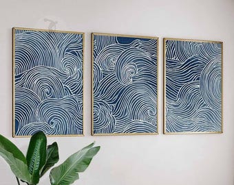 Set of 3 Japanese Wave Wall Art Prints, Blue Ocean Line Art Posters, Modern Coastal Wall Decor Inspired by Japan