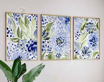 Blue Watercolor Floral Print Set, Botanical Wall Art