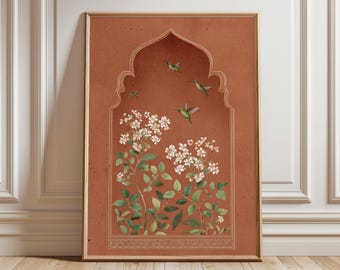 Puede incluir: Impresión botánica enmarcada con fondo terracota y diseño arqueado. La obra presenta plantas con flores blancas, hojas verdes y colibríes en vuelo. El marco dorado realza el estilo vintage de la impresión.
