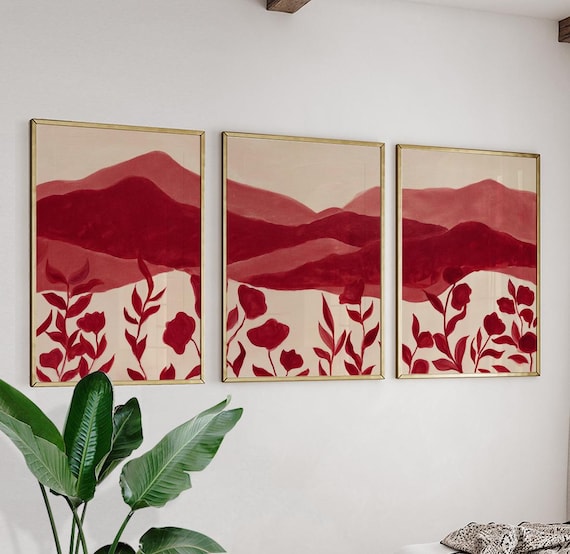 Red Abstract Landscape Posters | Modern Botanical Triptych | Minimal Wall Art Set Of 3