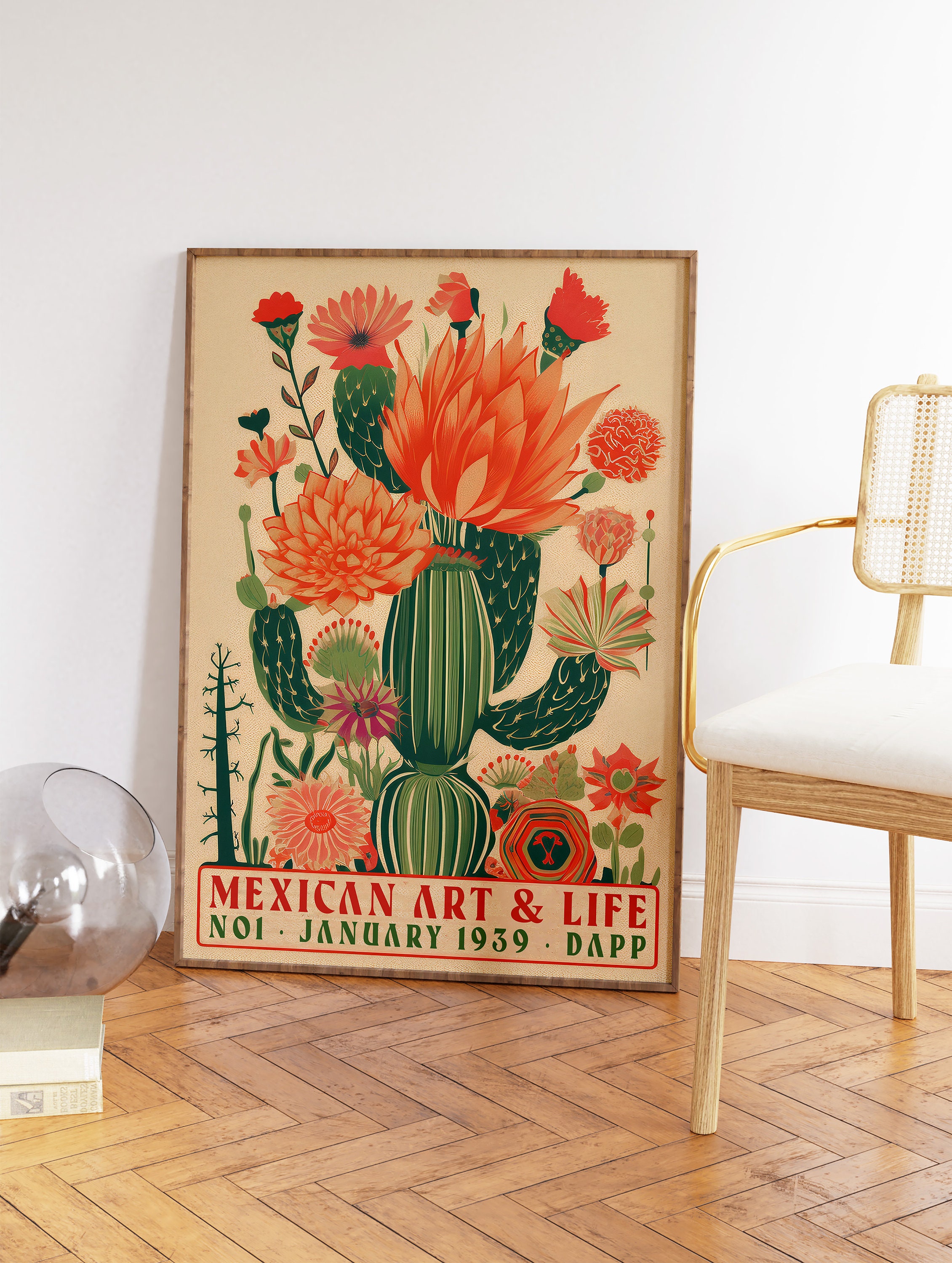 Folk Moderna Camera Da Letto Con Letto Matrimoniale, Cranio Messicano Poster E Cactus Image189150173