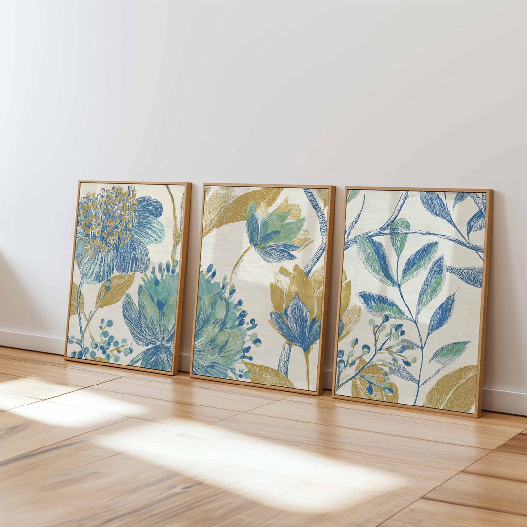 Blue and Gold Floral Prints, Botanical Wall Art Set of 3 - Etsy