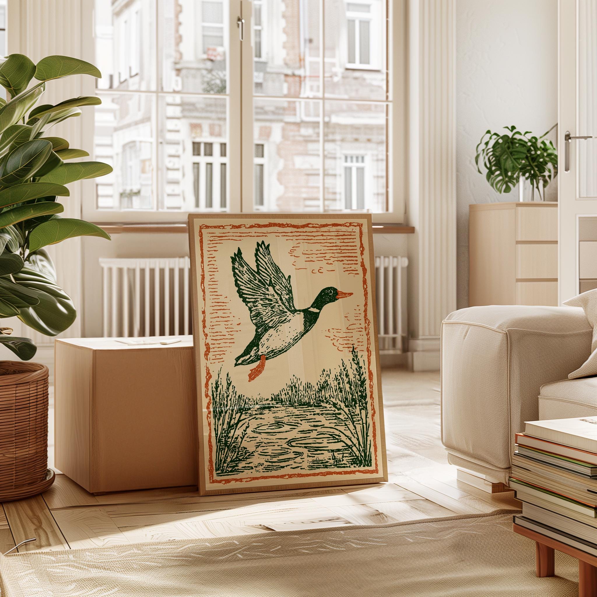 Vintage Linocut Duck Poster, Green and Orange Wildlife - Etsy
