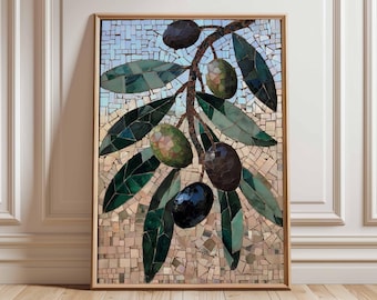 May include: A framed mosaic artwork depicting an olive branch with green and black olives and leaves. The mosaic is set against a background of small, square tiles in shades of beige and blue. The frame is a light brown color.