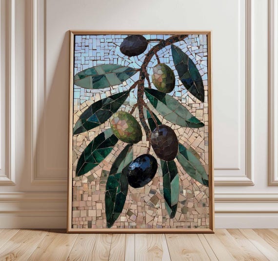 Olive Branch Mosaic Art Print | Mediterranean Wall Art | Rustic Kitchen Poster | Italian Decor | Tuscan Home Style Botanical Artwork