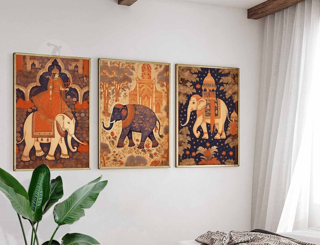 Indian Elephant Art Prints Set, Traditional Pichwai Decor - Etsy