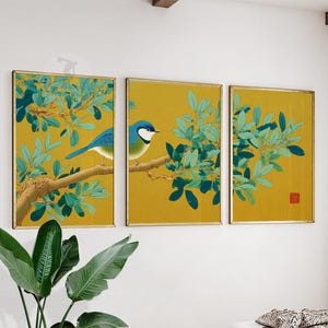 Songbird on Olive Branch Wall Art Set of 3 | Gold and Teal Botanical Print | Japanese Inspired Bird Artwork | Elegant Nature Decor