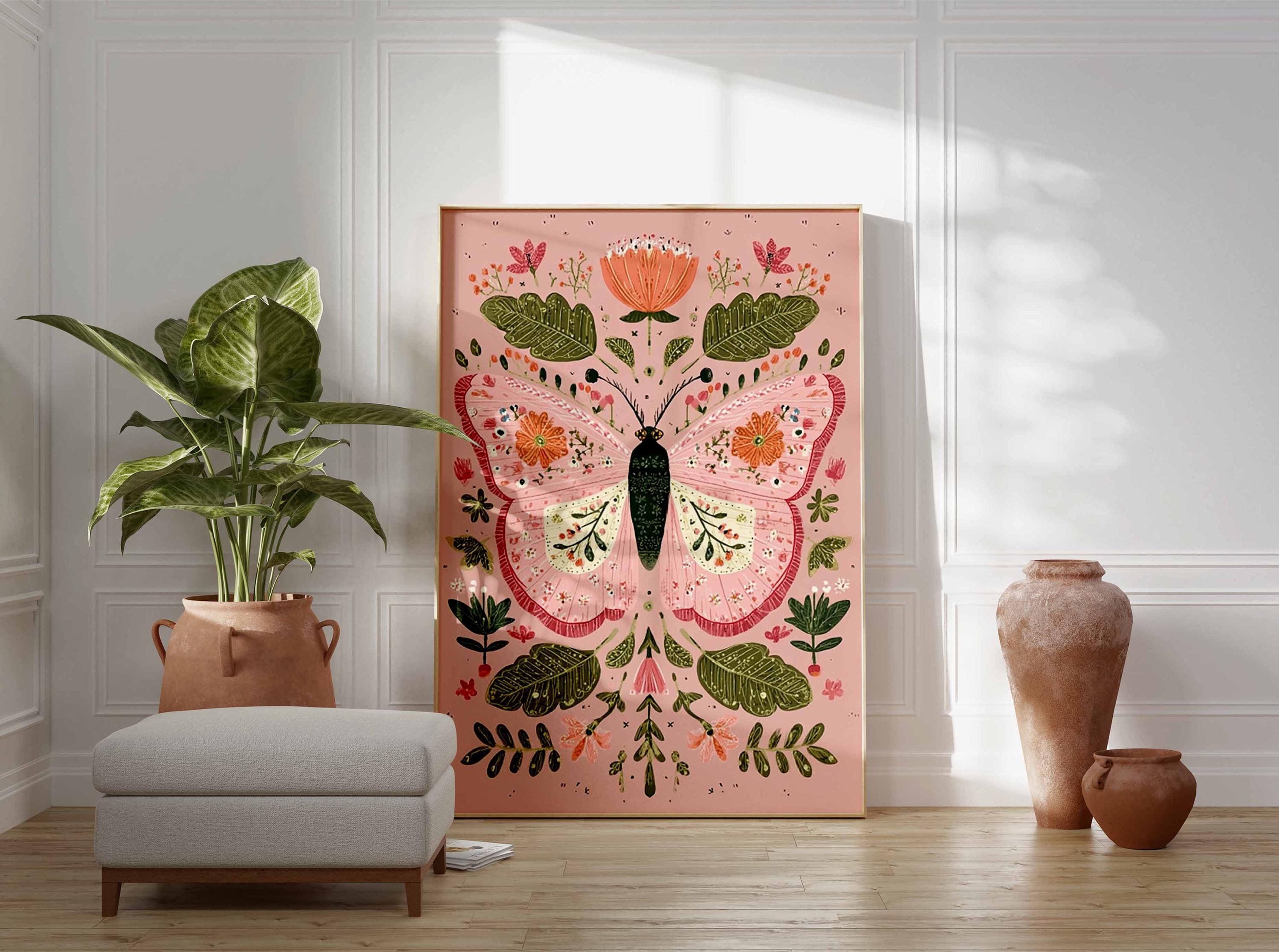 Butterfly Art Print, Pink Green Botanical, Modern Folk Wall Art - Etsy