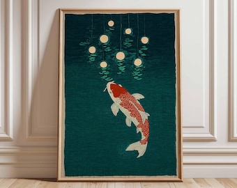 Japanese Koi Fish Art Print, Minimalist Red and Gold Ocean Artwork